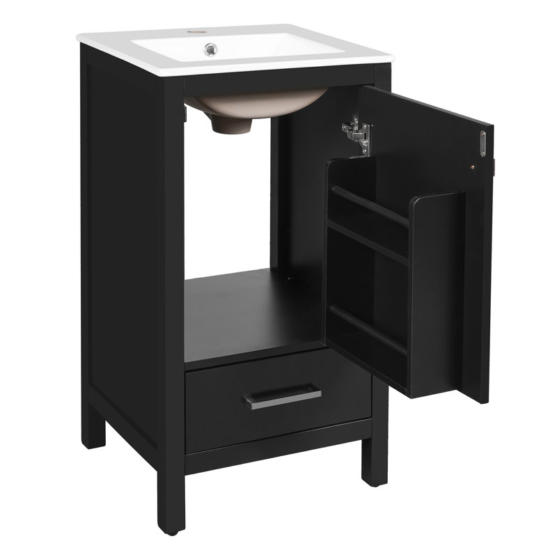 Camino 18" Bathroom Vanity with Ceramic Sink, Drawer & Door Organizer, Black