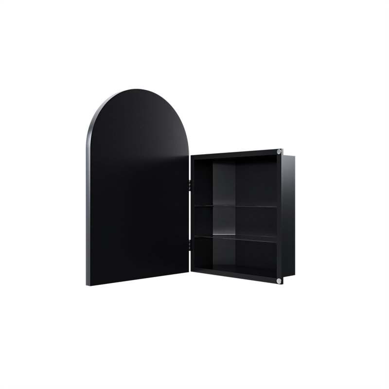 18X24 Inch Metal Corner Medicine Cabinet With Arched Mirror, Adjustable Glass Shelves, Space-Saving Bathroom Storage Organizer For Small Spaces, Matte Black