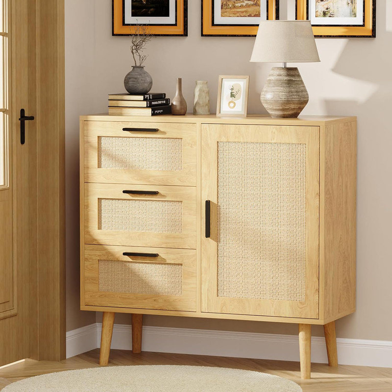 Natural Rattan and MDF Storage Cabinet with Adjustable Shelving