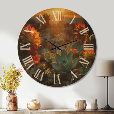 Grande horloge murale florale silencieuse en bois - Cactus du désert