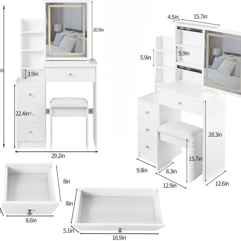 White Left Bedside Cabinet Vanity Table, Touch-Operated Led Mirror With 3 Colors & Adjustable Brightness, Cushioned Stool, For Small Rooms, , American Style Area Table In White, Material