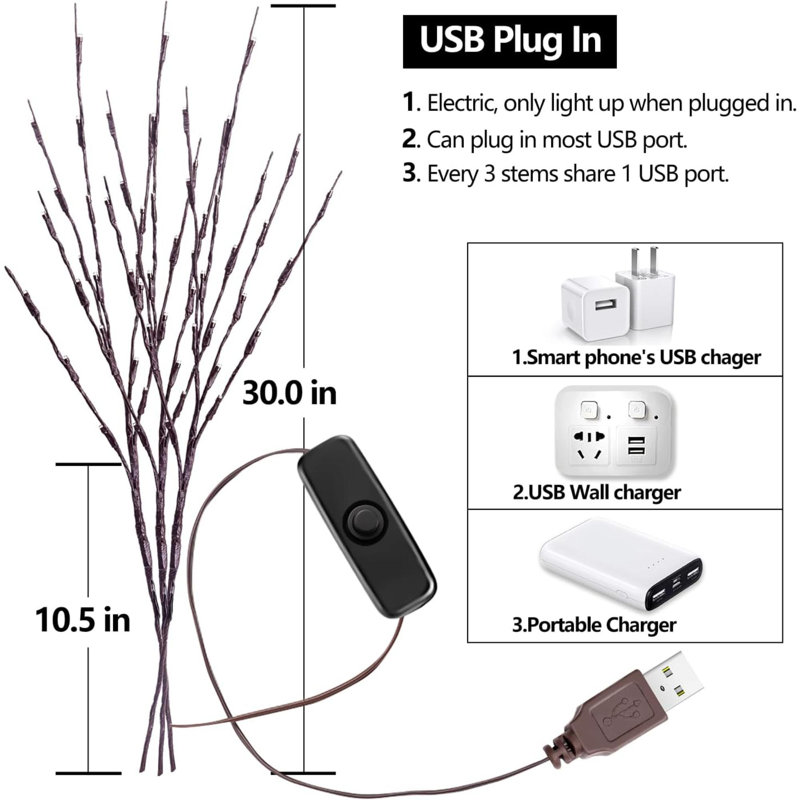 Paquet de 3 lumières brindilles, branches pré-éclairées, lumières USB à brancher avec 60 ampoules DEL, lumières décoratives romantiques pour vase, branches d'arbre éclairées pour l'intérieur, branches lumineuses à brancher pour la fête