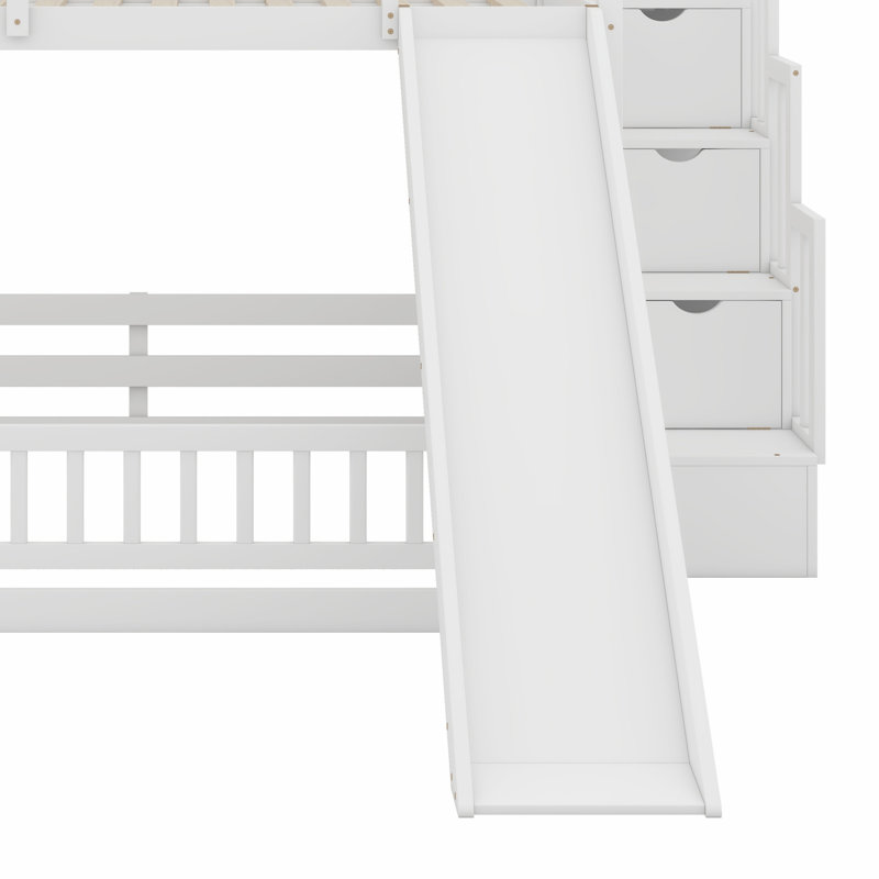 Lit superposé avec glissade, escalier de rangement et garde-corps de sécurité, Blanc