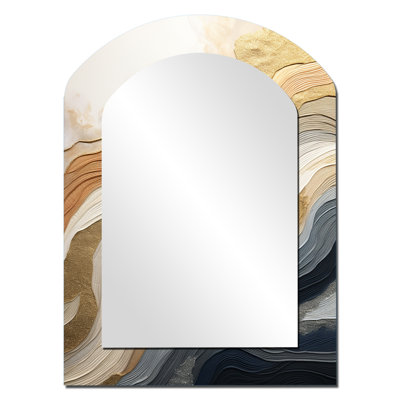 «White and Blue Coastal Waves Fusion» - miroir unique asymétrique à formes abstraites, grand miroir mural à arche blanche, impression d'art en métal