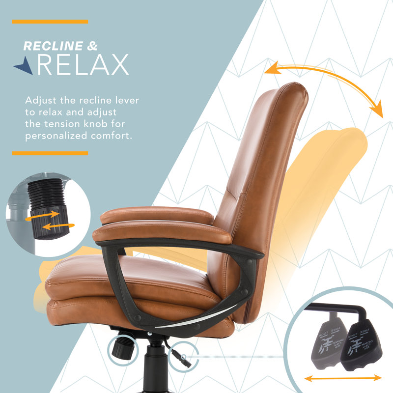 Click365 Classic Comfort Executive Office Chair, Ergonomic Mid-Back, Double-Layer Seat Cushion, Cognac, Polyurethane