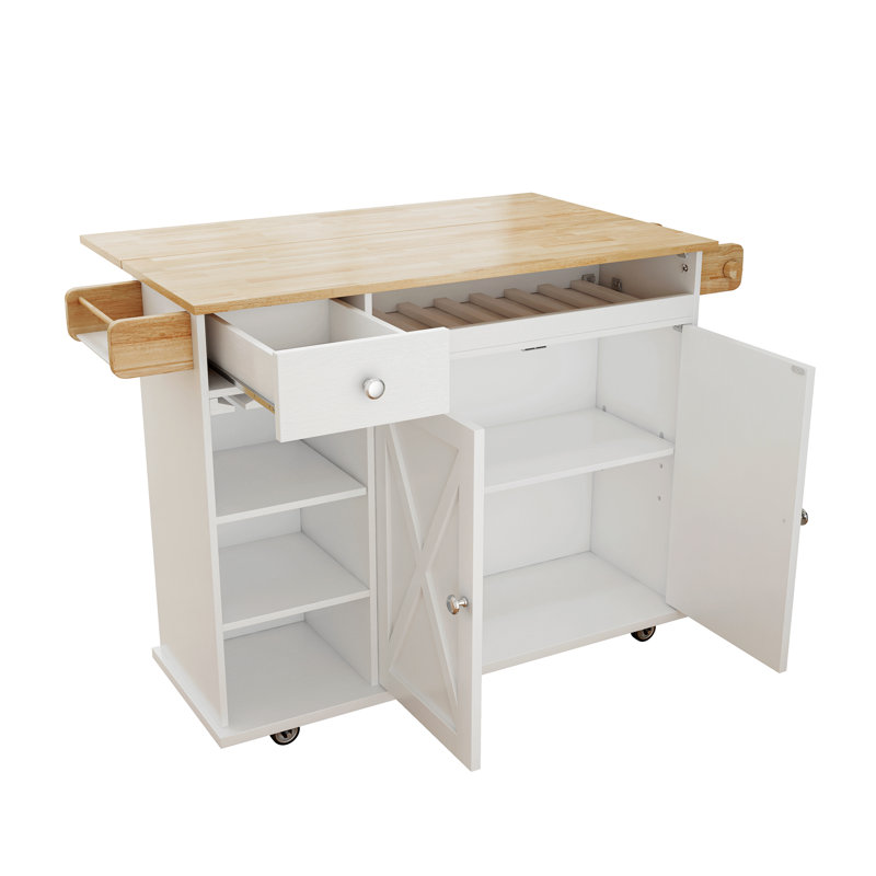 Chariot pour îlot de cuisine de 44 po avec plateau en bois massif, rangement pour le vin, porte-épices, porte-serviettes, porte-verres à vin, table à roulettes pour îlot de cuisine sur roulettes, installation sans outil, blanc et chêne