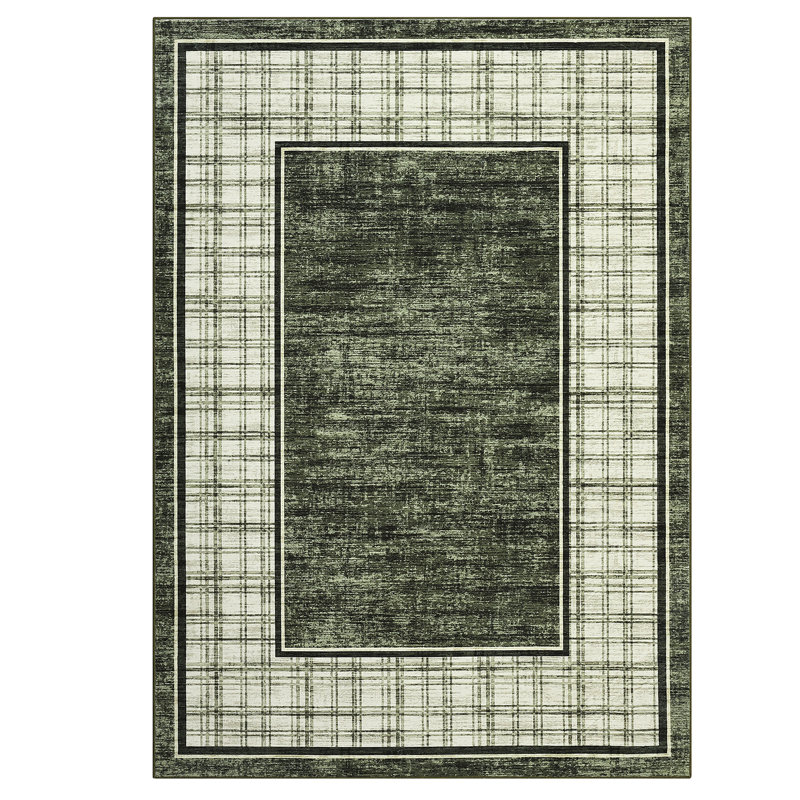Modern Plaid Machine Washable Rug with Non-Slip Backing, Foldable Low Pile Floor Cover, Contemporary Bordered Indoor Mat for Bedroom, Living Room