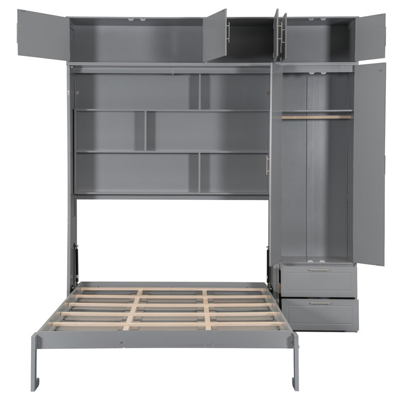 Lit escamotable mural avec armoire supérieure, tablettes et garde-robe, lit pliable peu encombrant, Gris