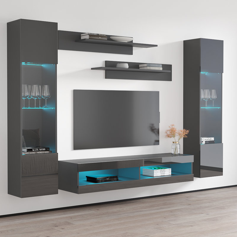 100" Modern Floating Wall Mounted Entertainment Center with 16-Color LED Lighting, High Gloss Finish, Gray