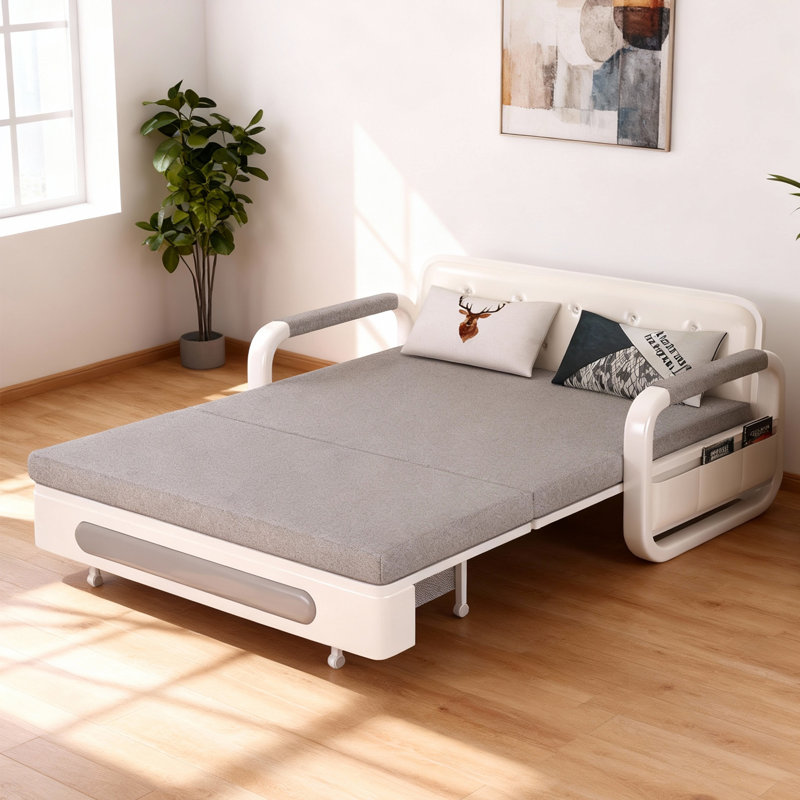 Space Saving Sofa Bed with Under-Seat Storage, 2-Size Convertible Sleeper with Latex Mattress for Flats & Living Rooms, Grey & White（128CM）