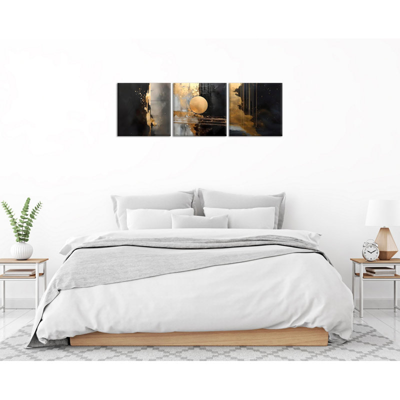 Elegant Decorative Canvas Painting Set (3 Pieces), Gold & Black, 11.8 x 11.8 inches Each | 50% Cotton / 50% Polyester with 100% Wooden Frames (Thickness: 0.8 inches) | Stunning Wall Art for Modern Home Décor