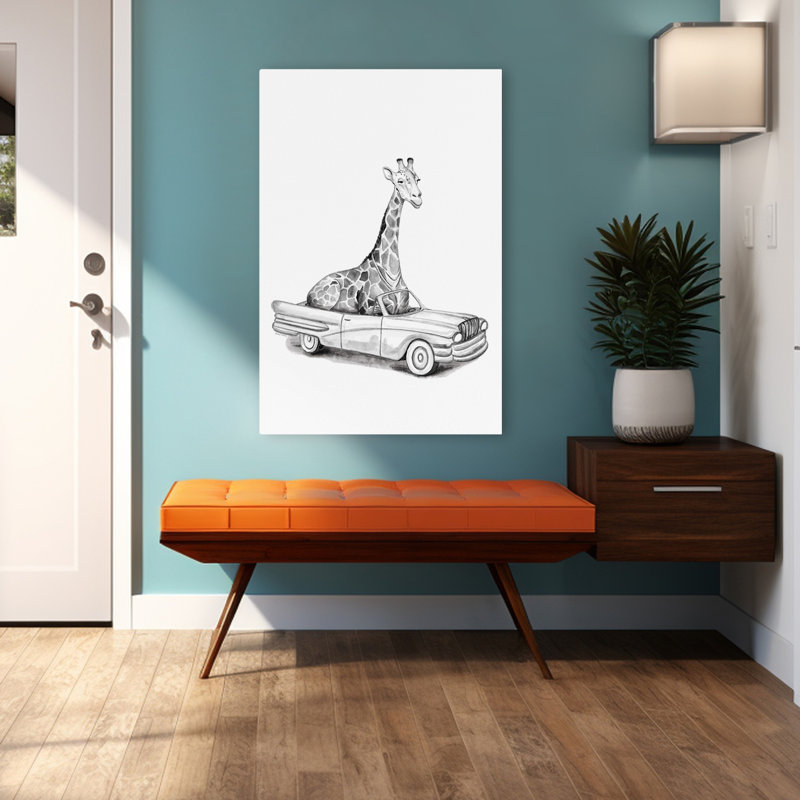 Girafe dans une voiture, H 48 po x l 32 po