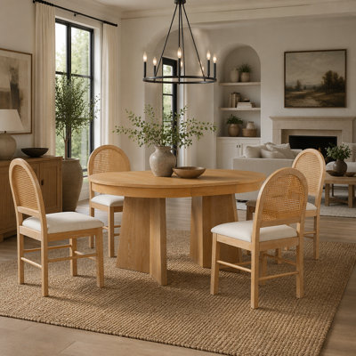 5-Piece Round Dining Table Set for 4, Retro Extendable dining table set with 4 Upholstered Chairs, Kitchen Table and Chairs Set for Dining Room and Ki