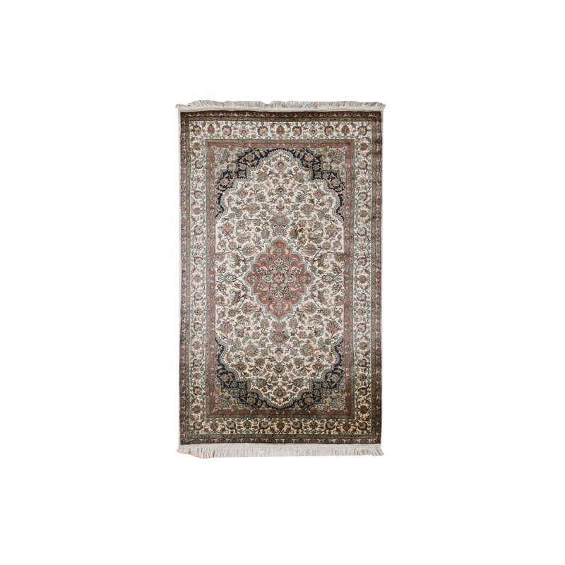 Tapis blanc médaillon en soie noué à la main 3 pi x 5 pi G75438
