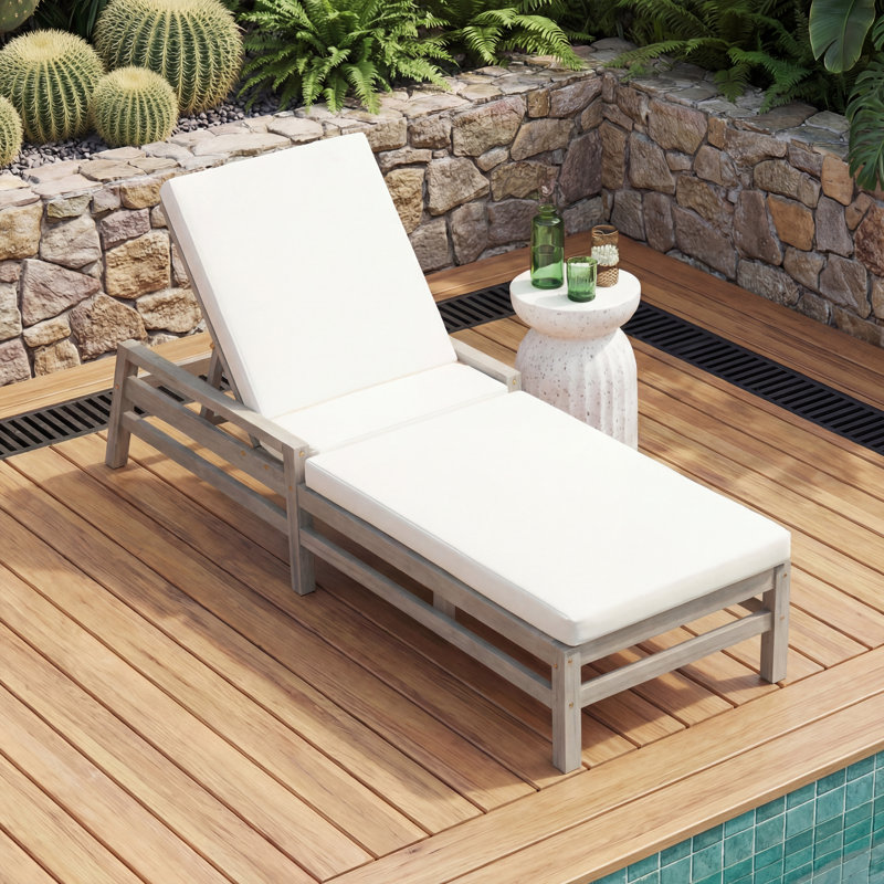 5-Position Adjustable Outdoor Chaise Lounge, Solid Wood Patio Recliner with Thick Cushions, Weather-Resistant for Pool, Balcony & Garden