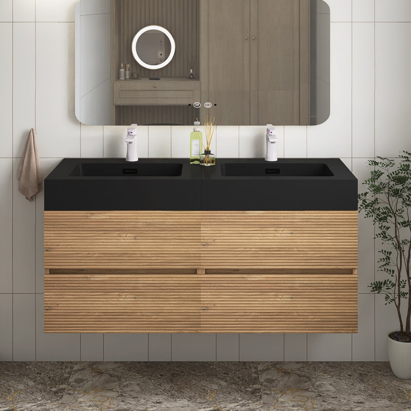 Meuble-lavabo avec lavabo à quartz et tiroirs à fermeture en douceur, meuble-lavabo mural flottant pour salle de bain moderne, lavabo une pièce