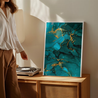 Toile, composition abstraite vibrante avec des motifs tourbillonnants d'art émeraude profond vert et bleu sarcelle foncé entrecoupés d'art sur toile