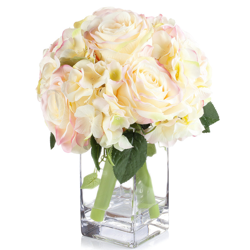 Agencement de roses et d’hortensias à motif floral en vase, Rosé
