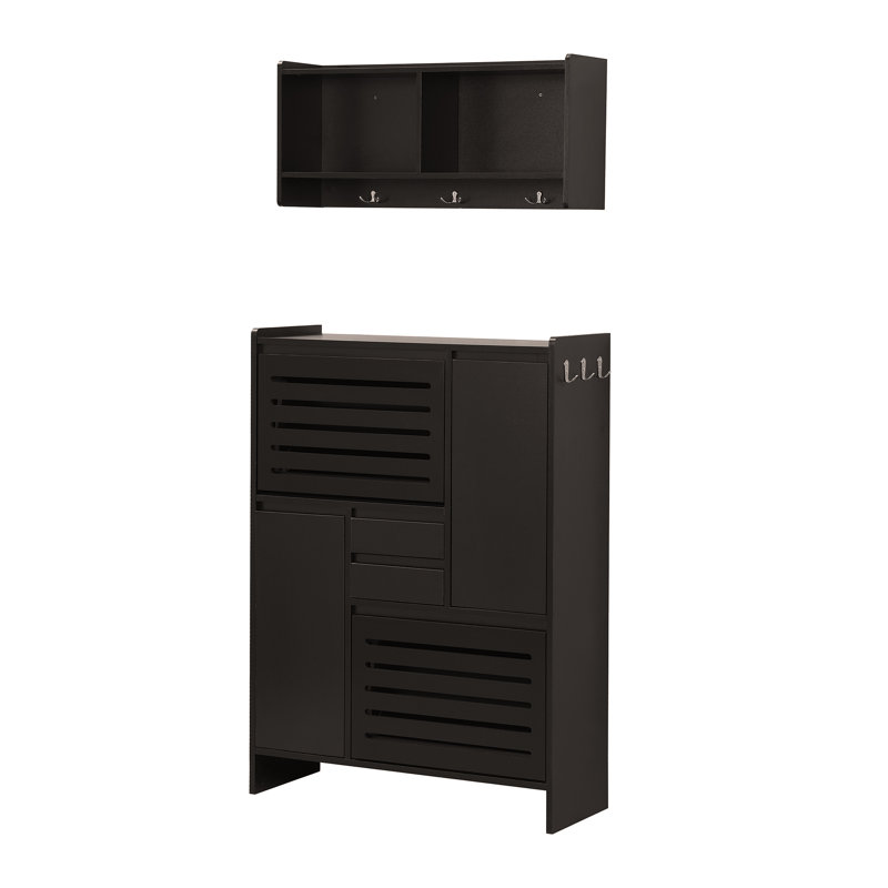 Multi-Functional Tipping Bucket Shoe Cabinet with Wall Cabinet, Space-saving Design Foyer Cabinet with 2 Flip Drawers, Black