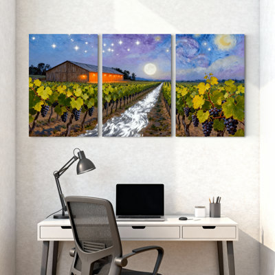 Abstrait, nuit étoilée, vignoble, grange, clair de lune, chemin, raisins, ensemble de 3 impressions sur toile