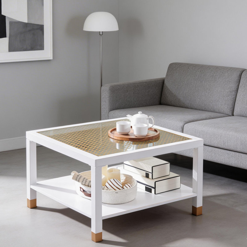 Table basse moderne 27,6 po avec structure en métal doré et plateau en verre, Blanc