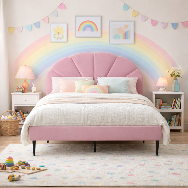 Tête de lit plateforme capitonnée Deeb, Grand, Velours rose