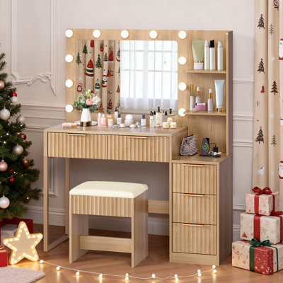 Lighted Mirror Storage Desk - 11pcs 3-Color Dimmable Bulbs, 5 Drawer