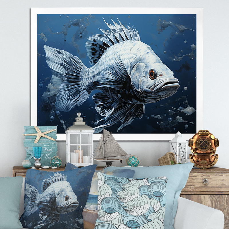 Poisson dans le bleu profond II - art mural poisson, H 30 po x l 40 po x P 1,5 po, Cadre simple blanc