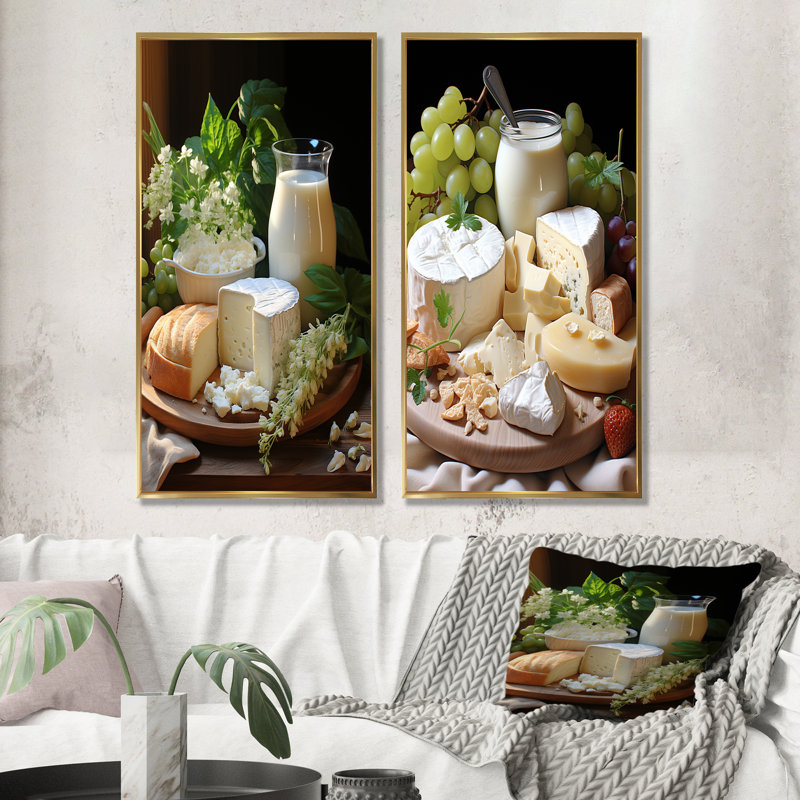 Lait et fromage, sérénité crémeuse - ensemble de 2 reproductions d'art laitier, Encadrement doré, H 28 po x l 25 po