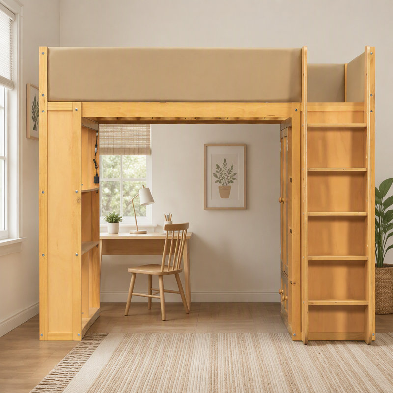 Lit mezzanine simple en bois massif avec barrières de sécurité entièrement recouvertes de cuir PU rembourré, Bois