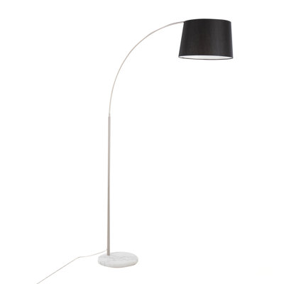 Contemporary Floor Lamp With White Marble Base, Nickel Finish, And Black Linen Shade For Modern Elegance