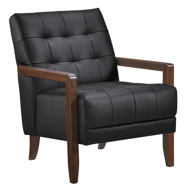Fauteuil Lenie, cuir capitonné, bois de noyer, Noir