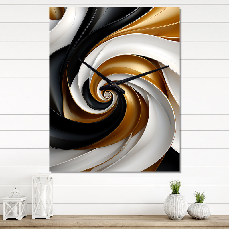 Horloge murale abstraite à spirale abstraite liquide or noir et spirale double I, H 32 po x l 24 po x P 1 po