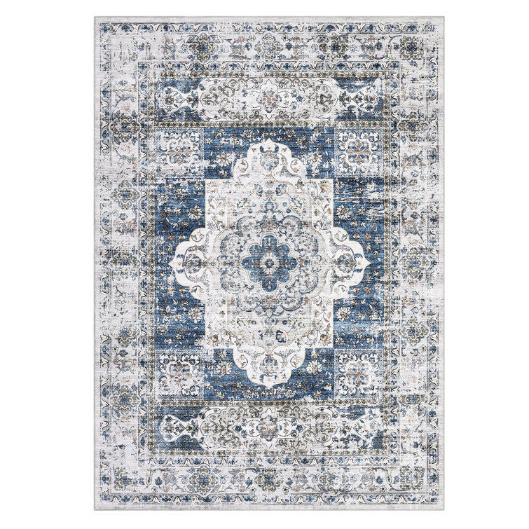 Machine Washable Rug Vintage Distressed Flower Rug Non Slip Low Pile Thin Floor Carpet, Soft Non Shedding Stain Resistant Rug for Kichen Bedroom Living Room