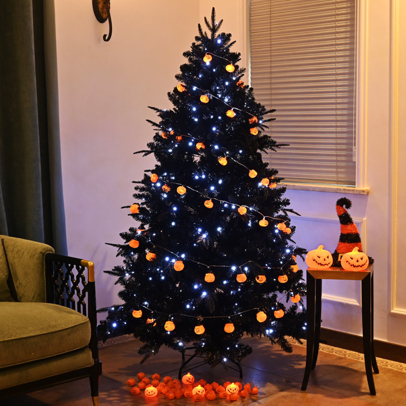 Arbre de Noël pré-éclairé en PVC noir avec lumières DEL fraîches, 6'