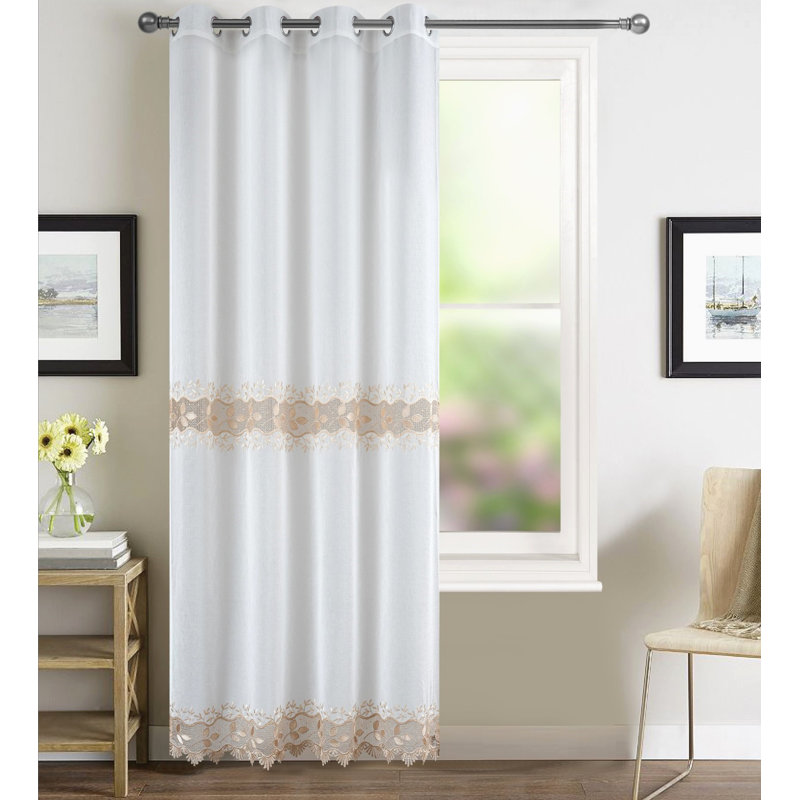(54x63") Embroidered Sheer Ring Panel-White/Silver, 54" W x 95" L, White/Gold