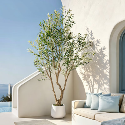 Olivier artificiel de luxe moderne de 2,13 m avec un magnifique pot haut, un tronc réaliste en polyéthylène et des fruits plus vrais que nature. Grande plante artificielle en pot idéale pour la décoration de la maison ou du bureau, et parfaite comme cadeau pour l'Halloween, Noël ou Thanksgiving.