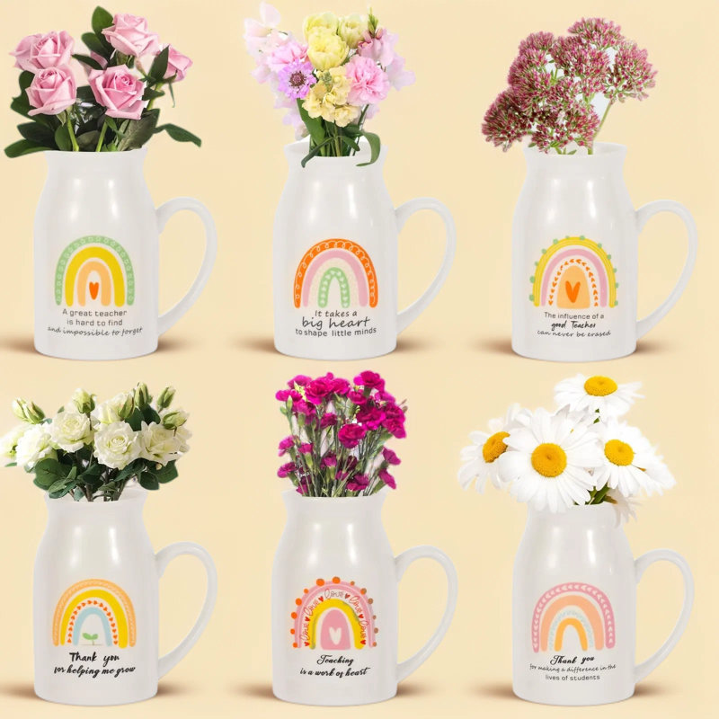 6 Pieces Teacher Appreciation Gifts, Ceramic Vase With Small Handle, Rainbow Flower Vases, Thank You Teacher Gift For Women