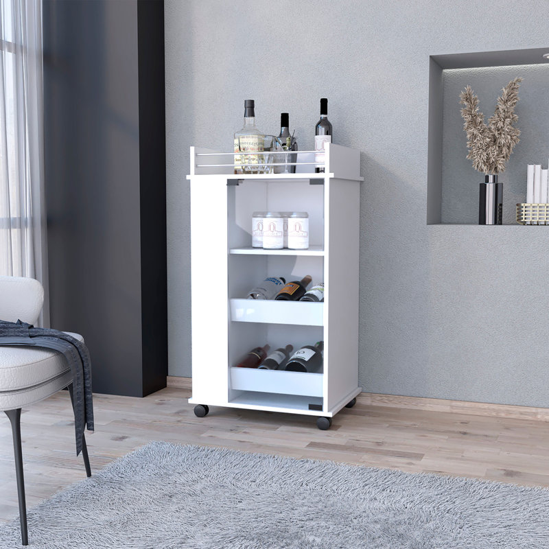 Glass Door Bar Cart with Bottle Holder and Casters White, White