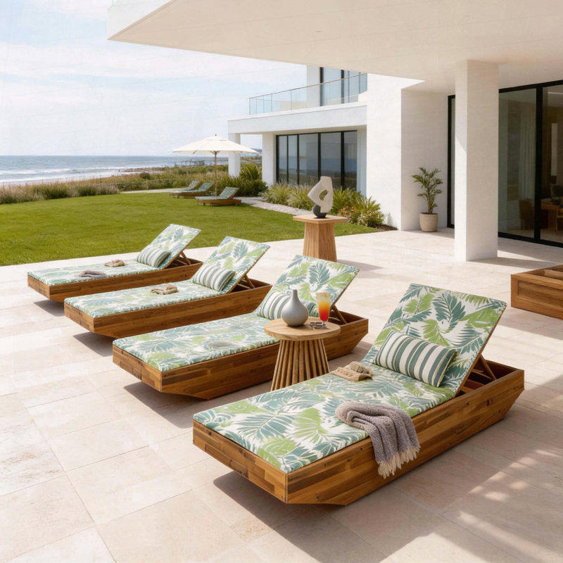 Chaise longue en bois d'acacia avec coussin mince hydrofuge et dossier réglable