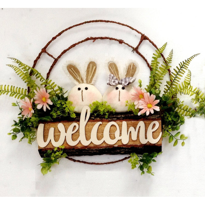 Lapins dans une couronne en polyuréthane 16 po Welcome