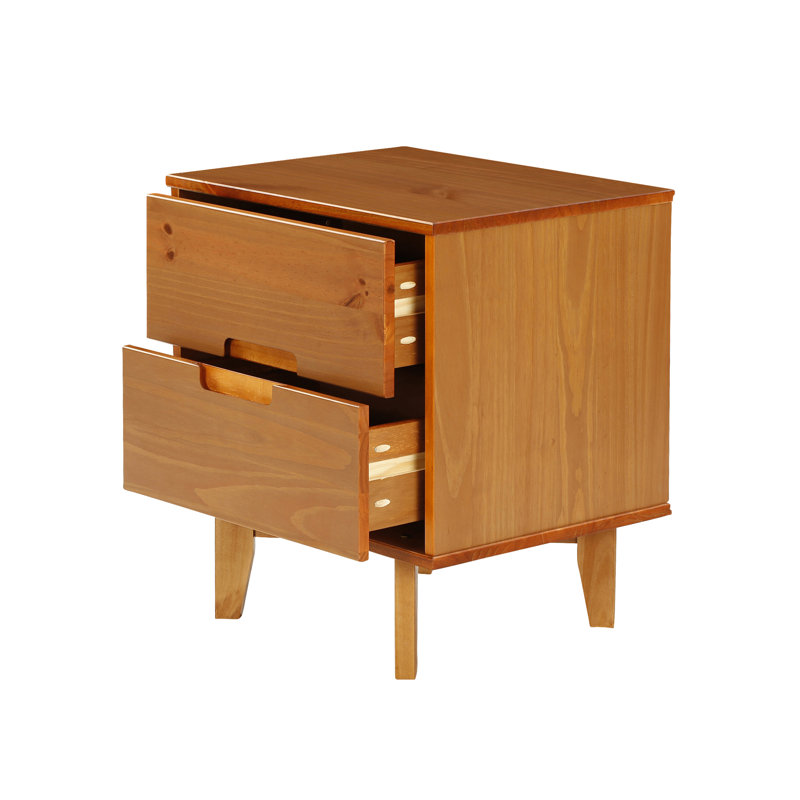 Solid Wood Groove Handle 2-Drawer Nightstand, Caramel