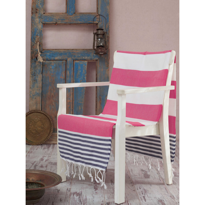 Serviette de plage 100% coton Eldridge, Marron / blanc / bleu foncé