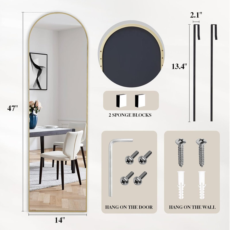 Miroir de plancher pleine grandeur mural autoportant avec lumière pour la chambre à coucher, 64 po x 21 po, Arqué / doré