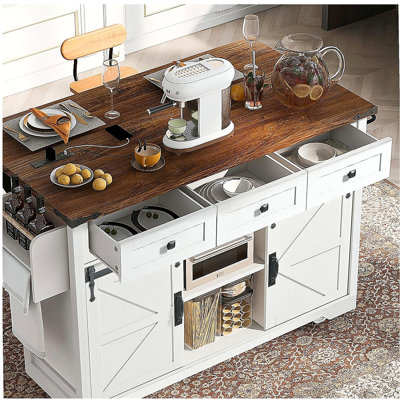 Îlot de cuisine avec prises de courant et 2 portes de grange coulissantes, îlot de cuisine sur roulettes avec couvercle rabattable et support à épices, adapté aux familles, aux cuisines et aux restaurants, blanc