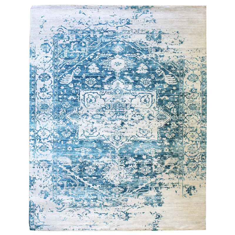 Tapis ivoire en laine noué à la main de conception unique 8 pi 1 po x 10 pi New Age Asifrapi