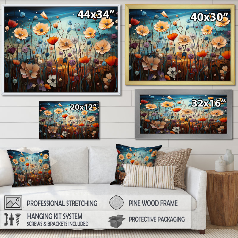 "Floral Rhapsody Pointillism Dot", reproduction d'art sur toile, H 16 po x l 32 po x P 1 po, Cadre doré à une seule photo