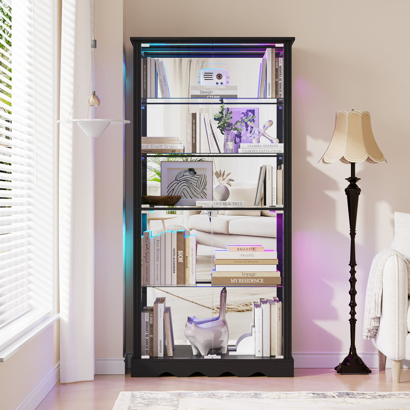 5-Tier Glass Display Cabinet with Lock, Display Cabinet with Human Sensor Function and Color RGB Lights, Black