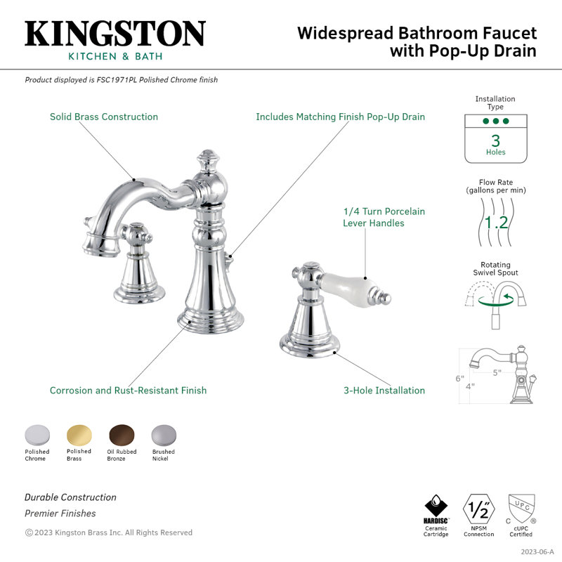 Robinet de salle de bain espacé Kingston, Laiton poli