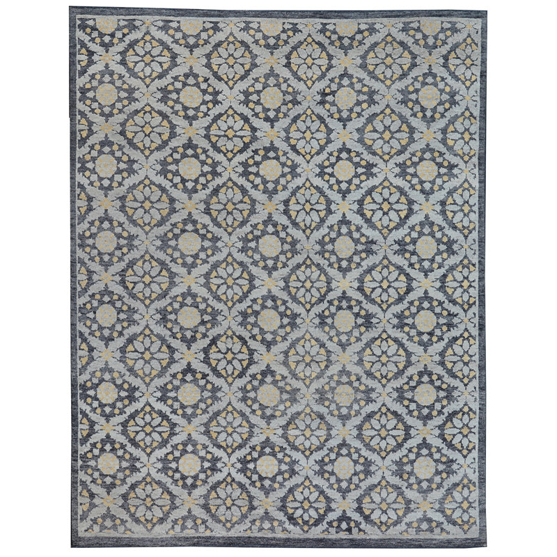 Tapis bleu clair / gris anthracite de haute qualité noué à la main, Rectangle 8 pi x 10 pi